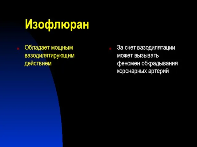 Изофлюран Обладает мощным вазодилятирующим действием За счет вазодилятации может вызывать феномен обкрадывания коронарных артерий