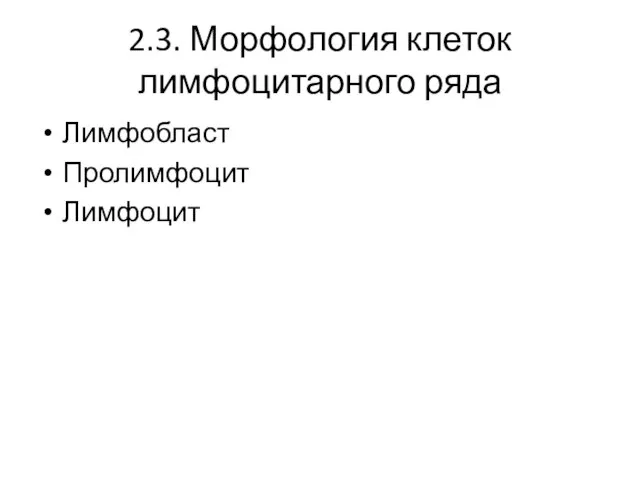 2.3. Морфология клеток лимфоцитарного ряда Лимфобласт Пролимфоцит Лимфоцит