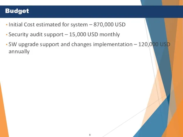 Initial Cost estimated for system – 870,000 USD Security audit support