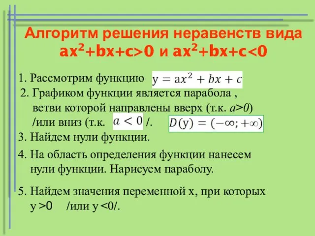 Алгоритм решения неравенств вида ax2+bx+c>0 и ax2+bx+c 1. Рассмотрим функцию 2.