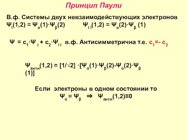 Принцип Паули В.ф. Системы двух невзаимодействующих электронов ΨI(1,2) = Ψα(1)·Ψβ(2) ΨI