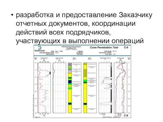 разработка и предоставление Заказчику отчетных документов, координации действий всех подрядчиков, участвующих в выполнении операций