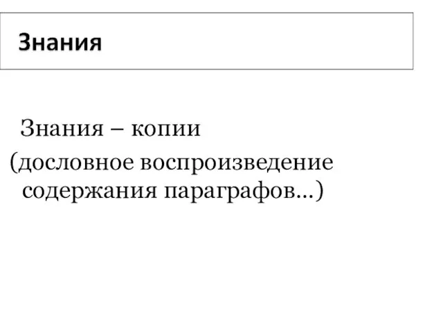 Знания – копии (дословное воспроизведение содержания параграфов…)