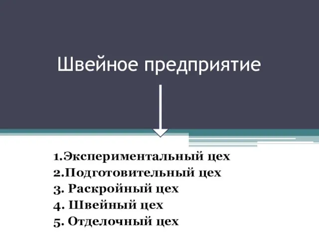 Швейное предприятие 1.Экспериментальный цех 2.Подготовительный цех 3. Раскройный цех 4. Швейный цех 5. Отделочный цех