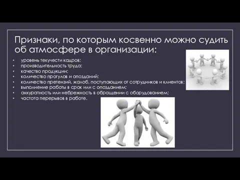 Признаки, по которым косвенно можно судить об атмосфере в организации: уровень