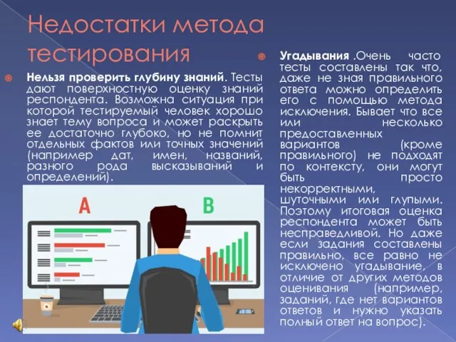 Недостатки метода тестирования Нельзя проверить глубину знаний. Тесты дают поверхностную оценку