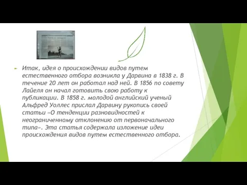 Итак, идея о происхождении видов путем естественного отбора возникла у Дарвина