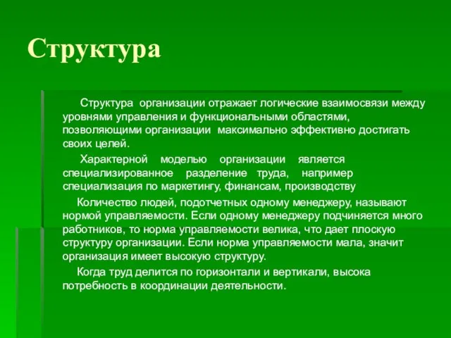 Структура Структура организации отражает логические взаимосвязи между уровнями управления и функциональными