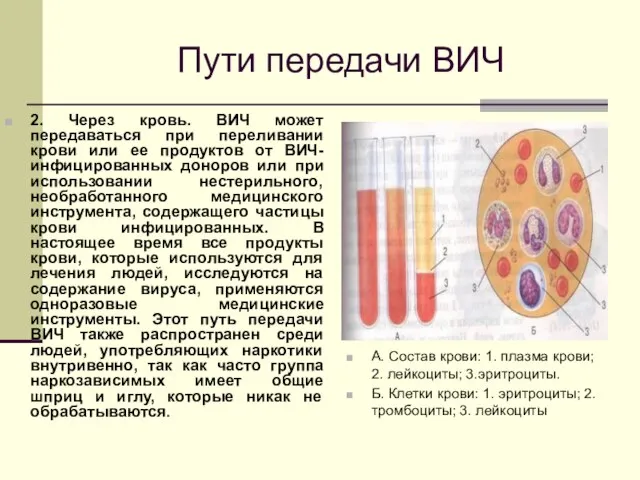 Пути передачи ВИЧ 2. Через кровь. ВИЧ может передаваться при переливании