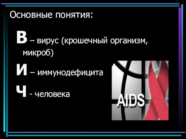 Основные понятия: В – вирус (крошечный организм, микроб) И – иммунодефицита Ч - человека