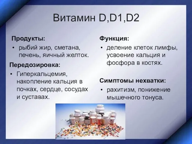 Витамин D,D1,D2 Продукты: рыбий жир, сметана, печень, яичный желток. Функция: деление