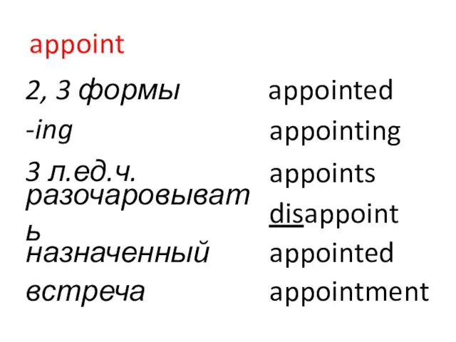 appoint 2, 3 формы appointed -ing appointing 3 л.ед.ч. appoints разочаровывать disappoint назначенный appointed встреча appointment