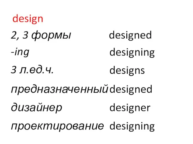 design 2, 3 формы designed -ing designing 3 л.ед.ч. designs предназначенный designed дизайнер designer проектирование designing