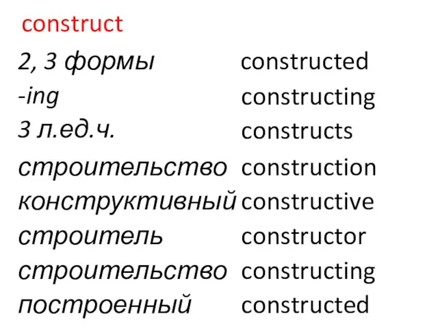 construct 2, 3 формы constructed -ing constructing 3 л.ед.ч. constructs строительство