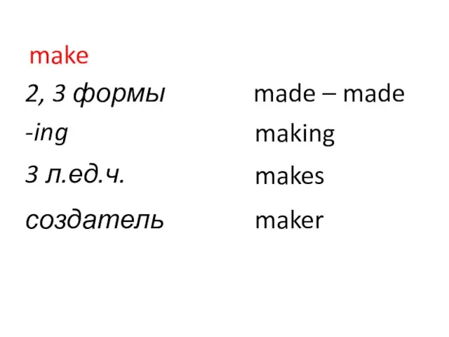 make 2, 3 формы made – made -ing making 3 л.ед.ч. makes создатель maker
