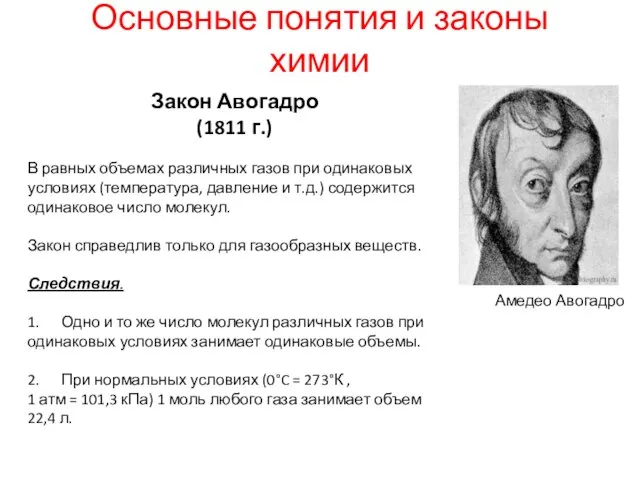 Основные понятия и законы химии Закон Авогадро (1811 г.) В равных