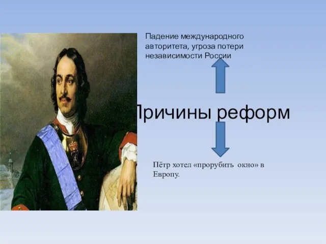 Причины реформ Пётр хотел «прорубить окно» в Европу. Падение международного авторитета, угроза потери независимости России