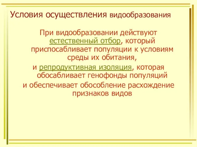 Условия осуществления видообразования При видообразовании действуют естественный отбор, который приспосабливает популяции