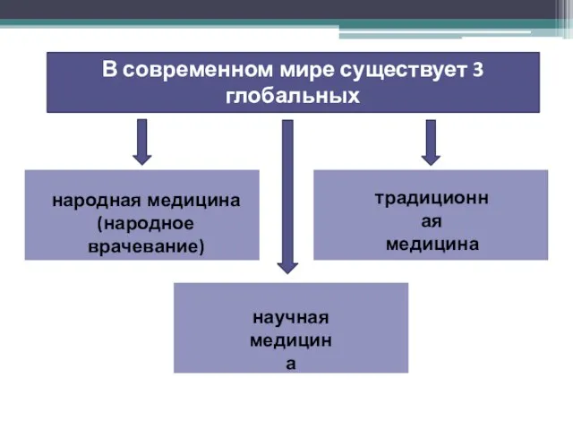 В современном мире существует 3 глобальных направления медицинской деятельности : народная