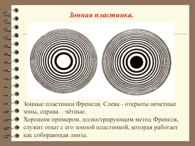 Зонные пластинки Френеля. Слева - открыты нечетные зоны, справа – чётные.