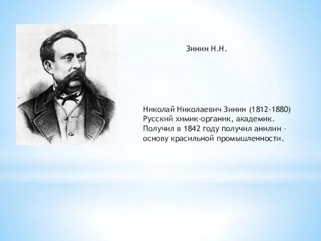 Зинин Н.Н. Николай Николаевич Зинин (1812-1880) Русский химик-органик, академик. Получил в