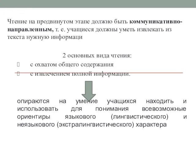 Чтение на продвинутом этапе должно быть коммуникативно-направленным, т. е. учащиеся должны