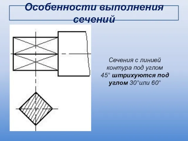 Особенности выполнения сечений Сечения с линией контура под углом 45° штрихуются под углом 30°или 60°