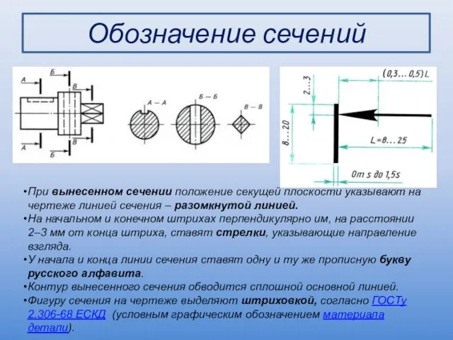 Обозначение сечений При вынесенном сечении положение секущей плоскости указывают на чертеже