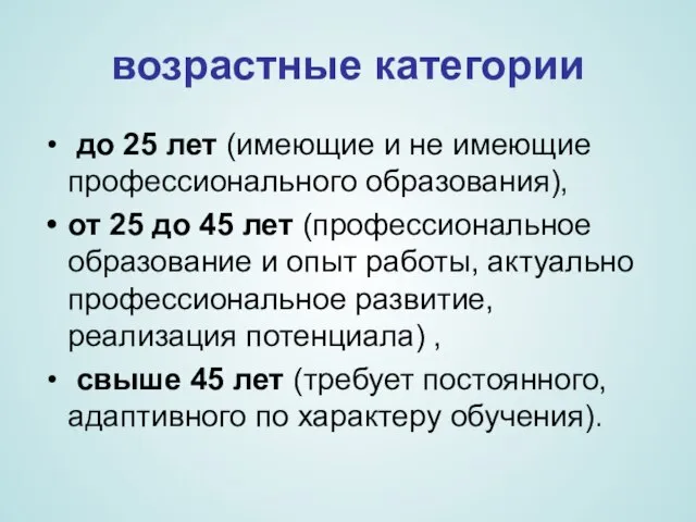 возрастные категории до 25 лет (имеющие и не имеющие профессионального образования),