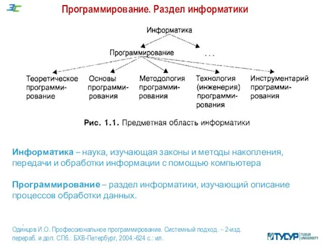 Программирование. Раздел информатики , Одинцов И.О. Профессиональное программирование. Системный подход. –