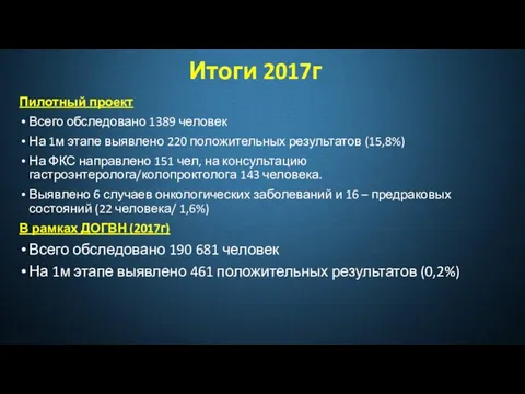 Итоги 2017г Пилотный проект Всего обследовано 1389 человек На 1м этапе