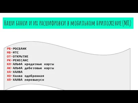 Наши банки и их расшифровки в мобильном приложение(МП) РБ-РОСБАНК МБ-МТС ОТ-ОТКРЫТИЕ