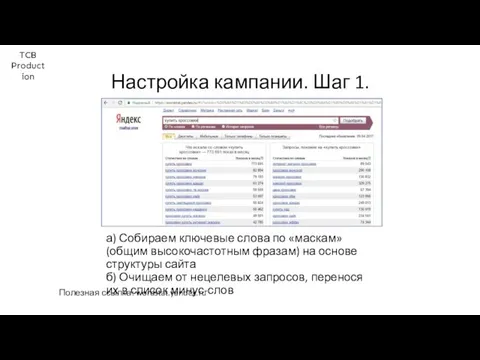 TCB Production Настройка кампании. Шаг 1. а) Собираем ключевые слова по