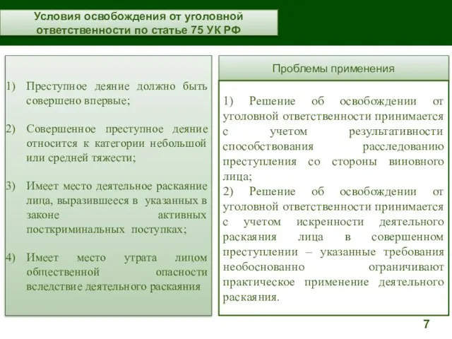 Преступное деяние должно быть совершено впервые; Совершенное преступное деяние относится к