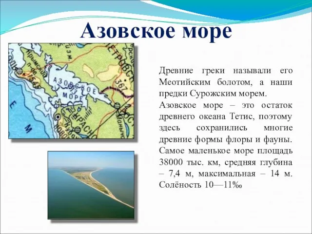 Азовское море Древние греки называли его Меотийским болотом, а наши предки