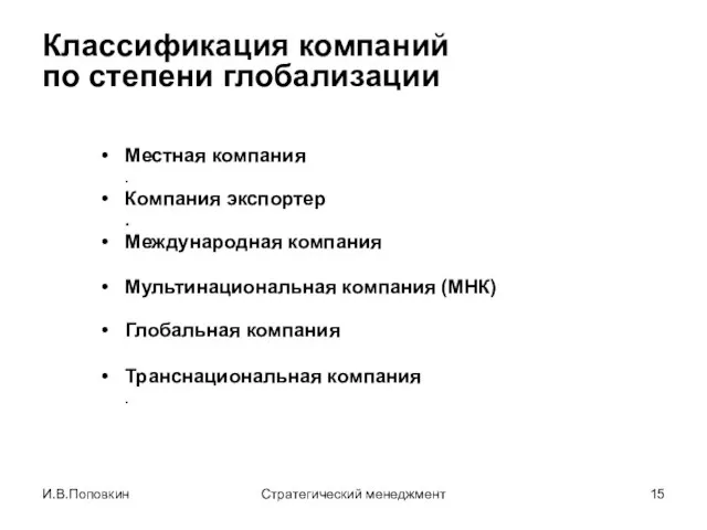 И.В.Поповкин Стратегический менеджмент Классификация компаний по степени глобализации Местная компания .