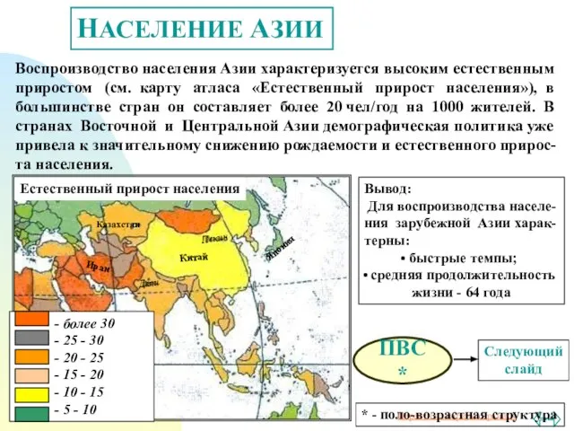 НАСЕЛЕНИЕ АЗИИ Воспроизводство населения Азии характеризуется высоким естественным приростом (см. карту