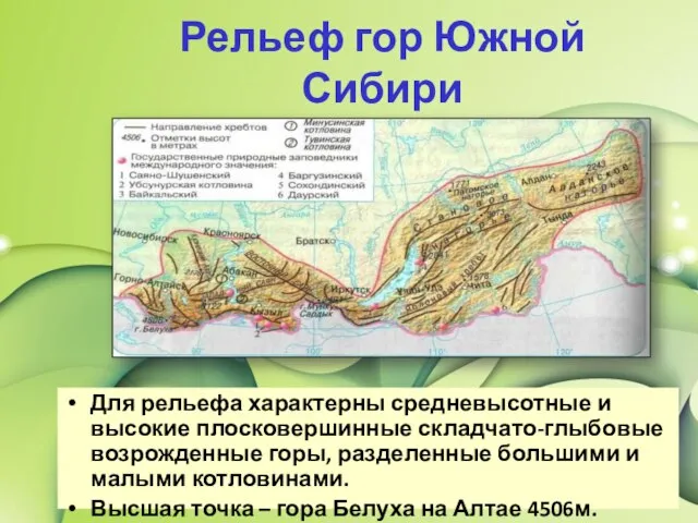 Рельеф гор Южной Сибири Для рельефа характерны средневысотные и высокие плосковершинные