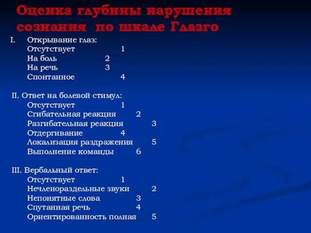 Оценка глубины нарушения сознания по шкале Глазго Открывание глаз: Отсутствует 1