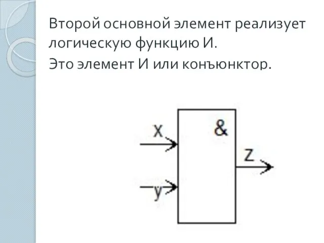 Второй основной элемент реализует логическую функцию И. Это элемент И или конъюнктор.