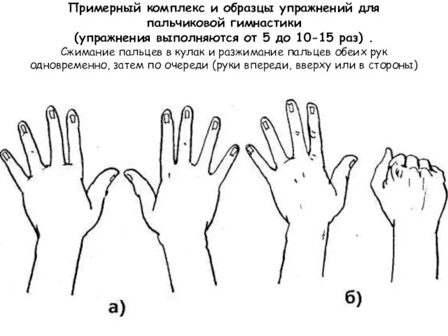 Примерный комплекс и образцы упражнений для пальчиковой гимнастики (упражнения выполняются от