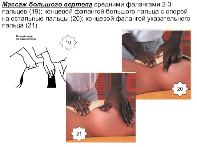 Массаж большого вертела средними фалангами 2-3 пальцев (19); концевой фалангой большого