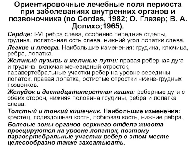 Ориентировочные лечебные поля периоста при заболеваниях внутренних органов и позвоночника (по