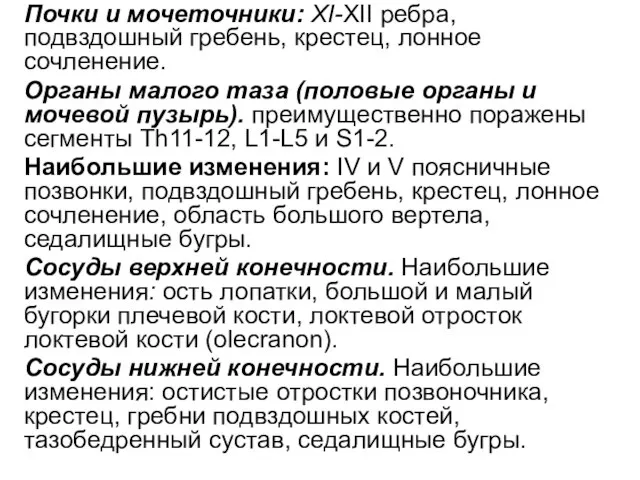 Почки и мочеточники: XI-XII ребра, подвздошный гребень, крестец, лонное сочленение. Органы