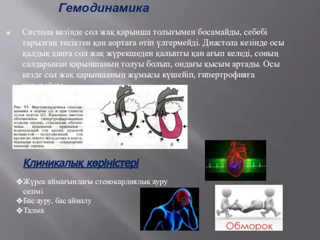 Гемодинамика Систола кезінде сол жақ қарынша толығымен босамайды, себебі тарылған тесіктен