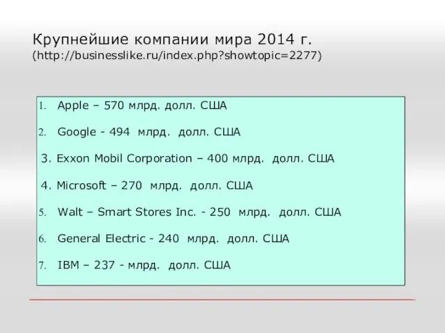 Крупнейшие компании мира 2014 г. (http://businesslike.ru/index.php?showtopic=2277) Apple – 570 млрд. долл.