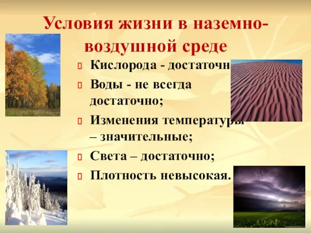 Условия жизни в наземно-воздушной среде Кислорода - достаточно; Воды - не