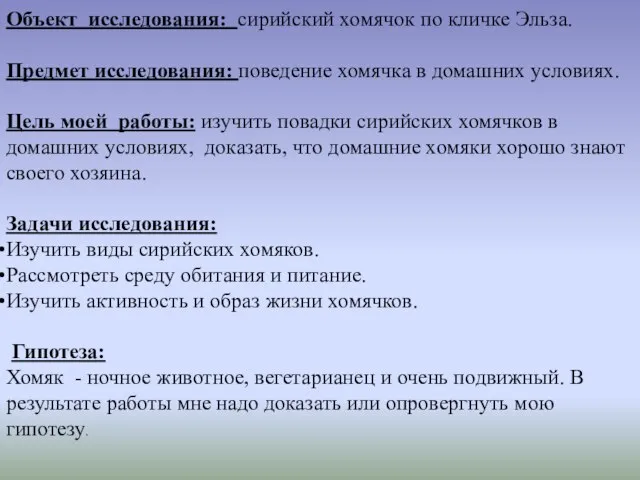 Объект исследования: сирийский хомячок по кличке Эльза. Предмет исследования: поведение хомячка