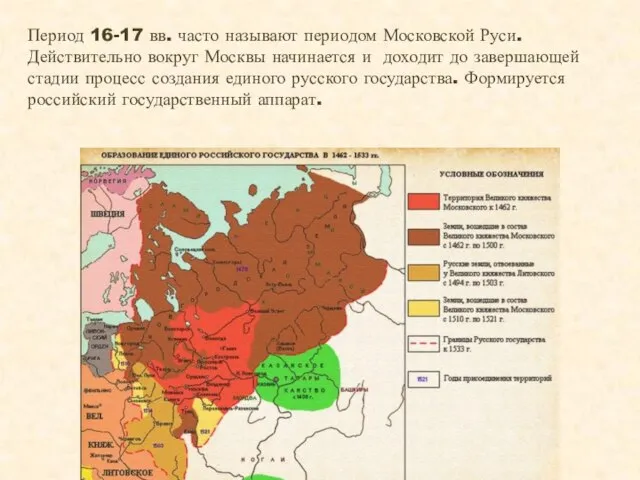 Период 16-17 вв. часто называют периодом Московской Руси. Действительно вокруг Москвы