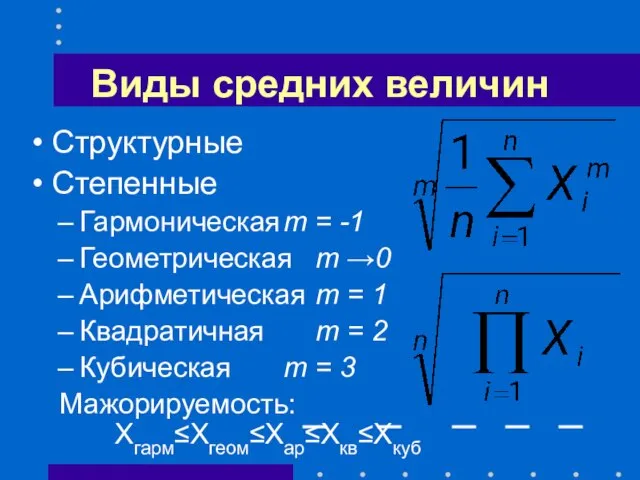 Виды средних величин Структурные Степенные Гармоническая m = -1 Геометрическая m